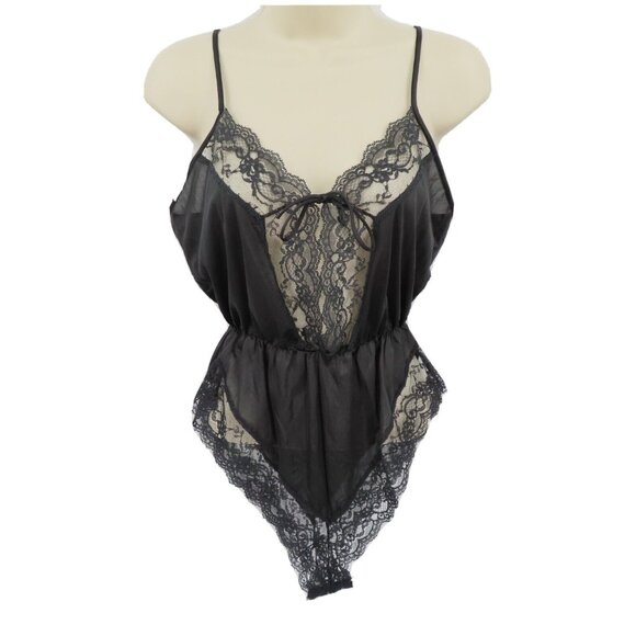 VTG Ms Leslee Small Black Lace Trim Spaghetti Strap Front Tie Playsuit One Piece - Picture 10 of 10